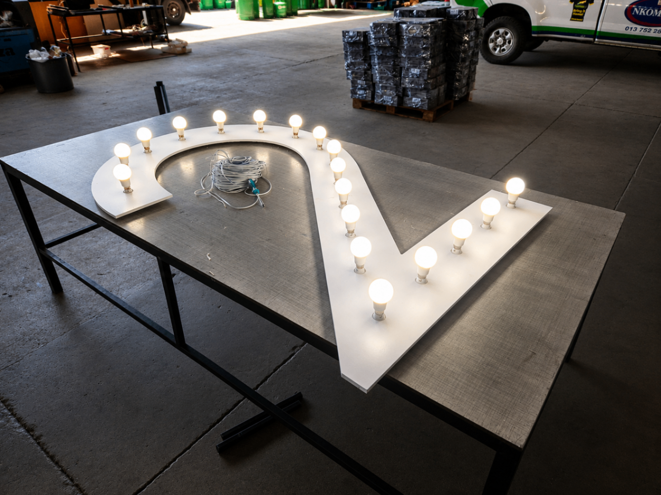 Marquee-style illuminated letterform on workshop table