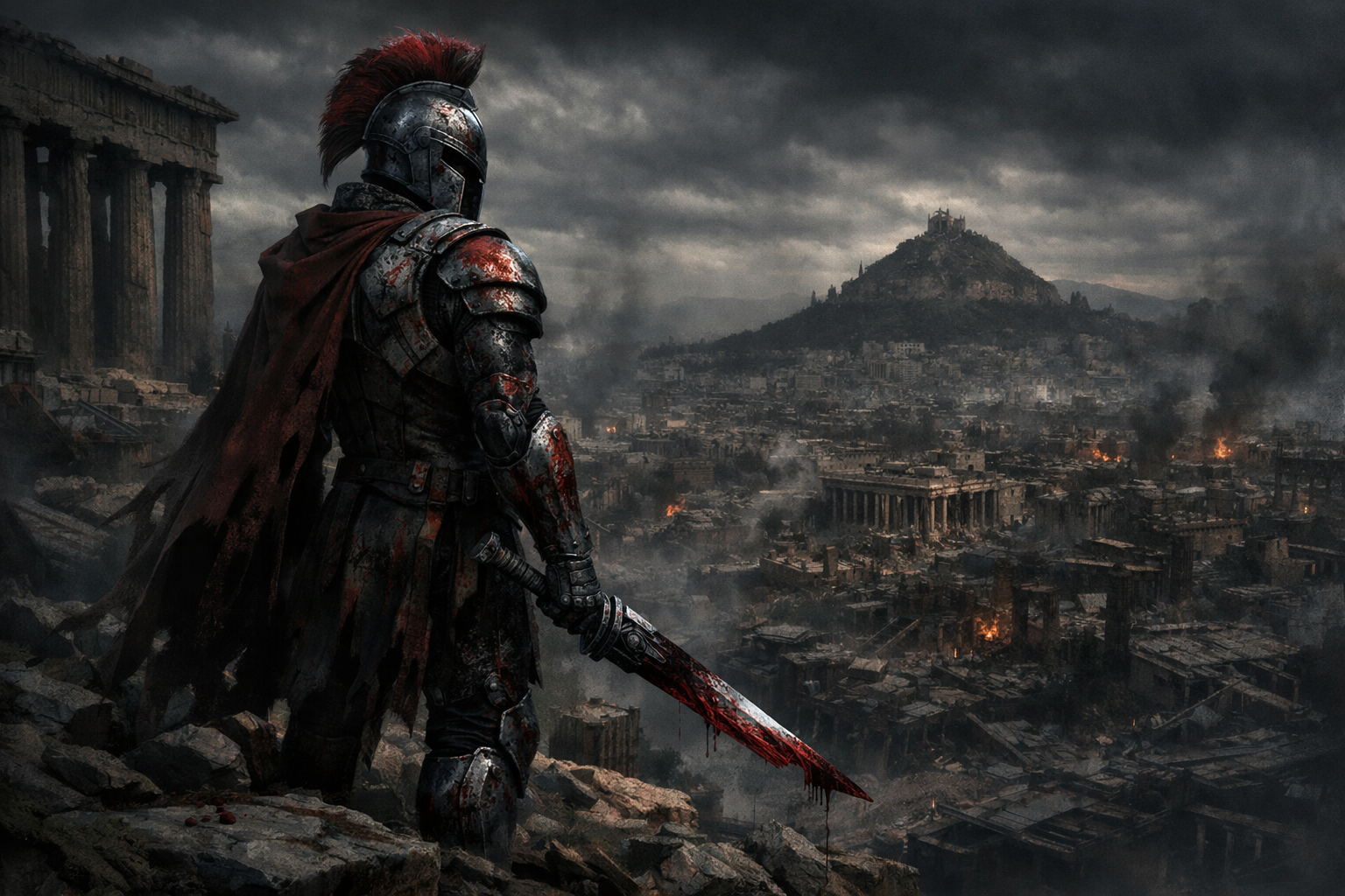 Dark warrior concept artwork overlooking a ruined city