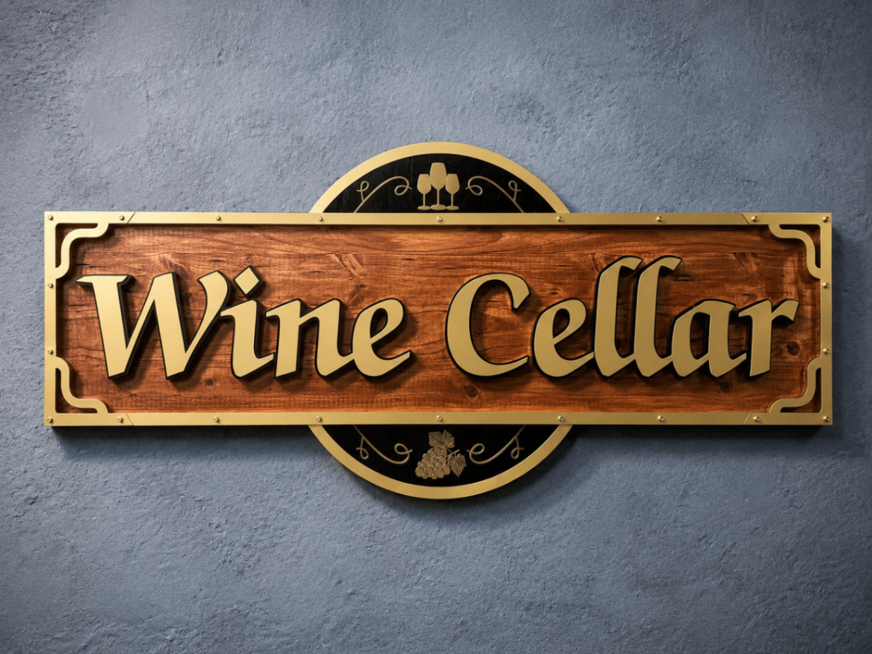 Wine Cellar carved sign mounted on wall